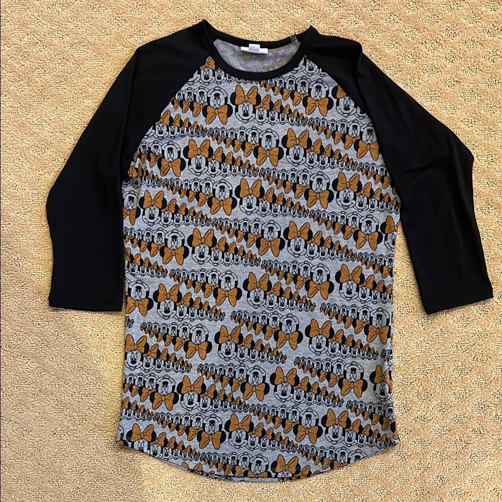 LuLaRoe 3/4 Length Sleeve Tee size XS Black and Orange Minnie Mouse Pattern